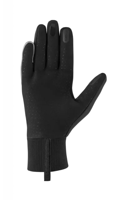 Ein schwarzer CUBE Handschuhe Performance All Season Langfingerhandschuh mit strukturierter Oberfläche, kleinen Perforationen und einer gerippten Stulpe ist mit der Handfläche nach vorne und leicht gespreizten Fingern auf einem einfarbig weißen Hintergrund abgebildet., Ansicht 2