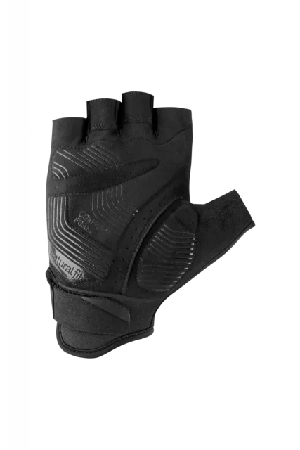 Der CUBE Handschuhe kurzfinger X NF, ein schwarzer fingerloser Radhandschuh mit strukturiertem Griff, gepolsterter Handfläche und verstellbarer Handgelenkschlaufe, ist auf einem schlichten hellen Hintergrund abgebildet., Ansicht 2