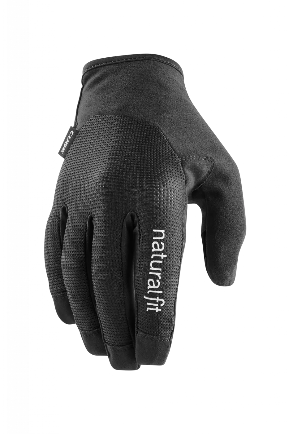Ein schwarzer CUBE Handschuhe langfinger X NF Handschuh mit strukturierter Oberseite und dem Aufdruck "natural fit" in Weiß auf dem Handrücken, dargestellt vor einem weißen Hintergrund.