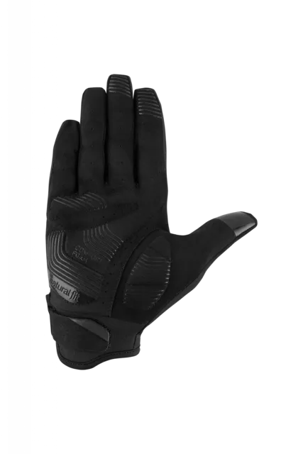 Ein schwarzer CUBE Handschuhe langfinger X NF Handschuh mit strukturierten Griffmustern auf der Handfläche und den Fingern für ergonomische Passform und Komfort, dargestellt mit der Handfläche nach oben auf einem schlichten weißen Hintergrund., Ansicht 2