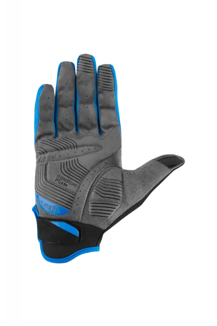 Ein grauer und blauer CUBE Handschuhe langfinger X NF Handschuh mit schwarzen Akzenten, strukturierter Handfläche und Fingern, "COMFORT FOAM" und "natural fit" in der Nähe des Handgelenks, wird mit der Handfläche nach oben gezeigt., Ansicht 2