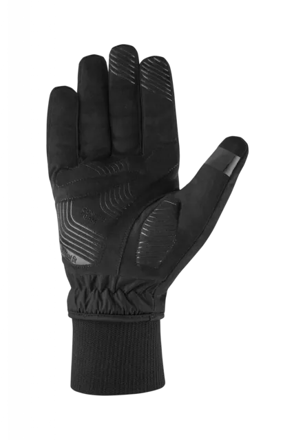 Der CUBE Handschuhe Winter langfinger X NF ist ein schwarzer, isolierter Handschuh mit strukturiertem Griff auf der Handfläche und den Fingern, einem elastischen Handgelenk mit geripptem Bündchen und einer Touchscreen-Spitze am Zeigefinger. Der Handschuh ist mit der Handfläche nach vorne abgebildet., Ansicht 2