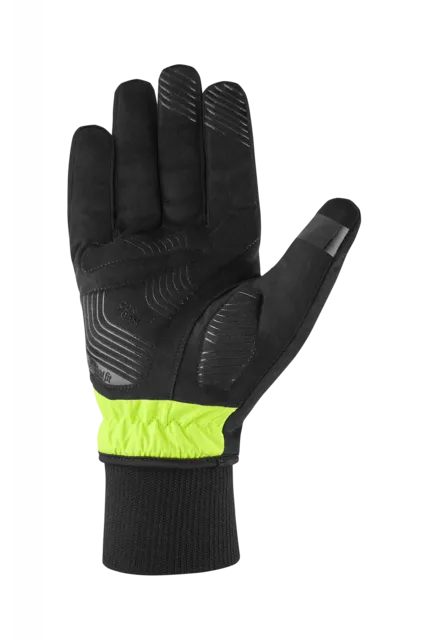 Der CUBE Handschuhe Winter langfinger X NF ist ein schwarzer Langfingerhandschuh mit strukturiertem Griff, einem gut sichtbaren gelben Handgelenk, einer Touchscreen-kompatiblen Zeigefingerspitze und einer gerippten schwarzen Stulpe., Ansicht 2
