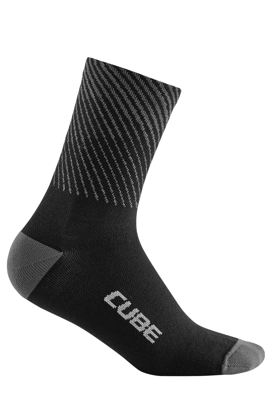 Die CUBE Socke High Cut Be Warm ist eine einzelne schwarz-graue Sportsocke mit diagonalen Streifen, grauer Ferse und Spitze und "CUBE" in Weiß an der Seite - damit du beim Training warm und stylish bleibst.