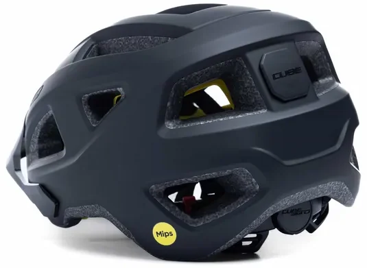Der CUBE Helm FLEET von Mr. Bike Lichtenfels ist ein mattschwarzer Fahrradhelm mit mehreren Belüftungsöffnungen, hinterem Einstellrad, MIPS-Sicherheit (gelber Aufkleber) und einem schlanken, modernen Design., Ansicht 3
