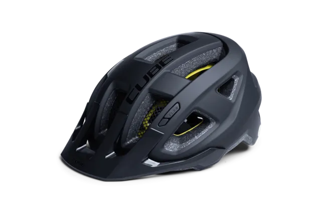 Ein schwarzer Fahrradhelm von CUBE Helm FLEET mit mehreren Belüftungsöffnungen und sichtbarer Innenpolsterung, erhältlich bei Mr. Bike Lichtenfels, abgebildet auf einem schlichten weißen Hintergrund., Ansicht 6