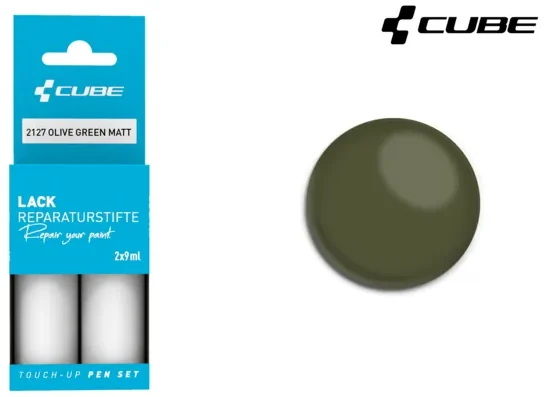 Links ist das CUBE Lackstift Set OLIVE GREEN matt 2127 in blauer Verpackung abgebildet, rechts ein kreisrundes olivgrünes Farbmuster - ideal für Mr. Bike Lichtenfels Fans. In der rechten oberen Ecke ist das CUBE-Logo zu sehen.