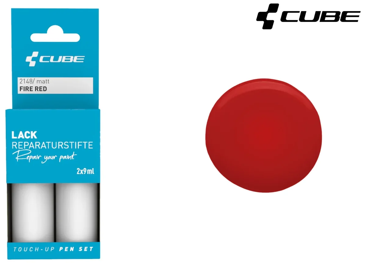 Das CUBE Lackstift Set FIRE RED matt 2148 kommt in einer blauen Verpackung mit zwei kleinen Fläschchen, einem roten Farbmuster und dem schwarzen CUBE-Logo - ideal für Fans von Mr. Bike Lichtenfels, die präzise Lackierungen wünschen.