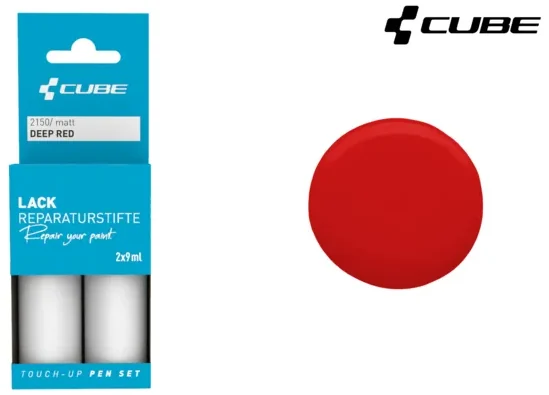 Das CUBE Lackstift Set DEEP RED matt 2150 enthält zwei kleine Flaschen in einer blauen Box, ein großes tiefrotes Farbmuster auf der rechten Seite und ist mit dem CUBE-Logo sowie dem Mr. Bike Lichtenfels Branding in der rechten oberen Ecke versehen.
