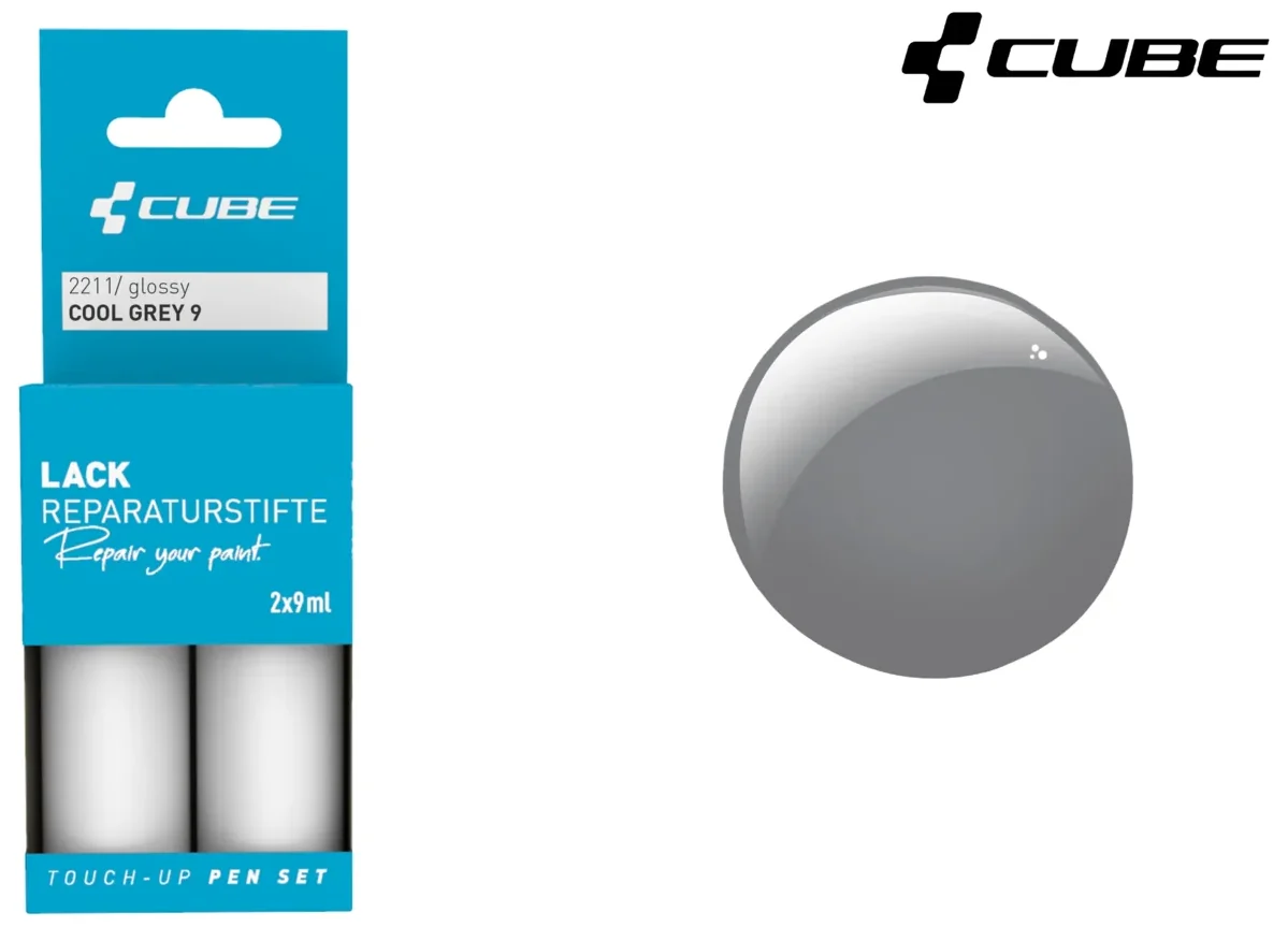 CUBE Lackstift Set COOL GREY 9 links eine glänzende 2211-Verpackung, rechts ein glänzendes graues Farbmuster, beide mit dem CUBE-Logo und einem Hinweis auf Mr. Bike Lichtenfels in der rechten oberen Ecke.