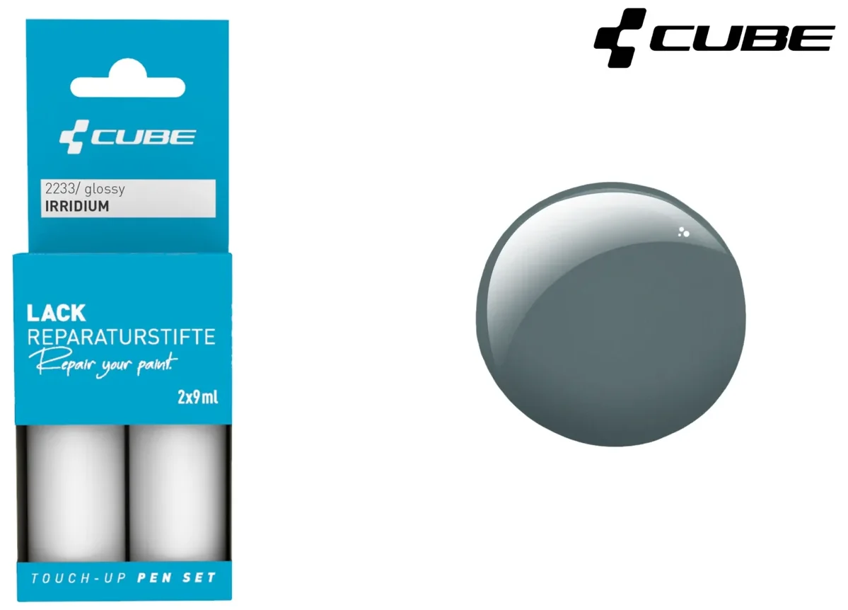 Links ist ein CUBE Lackstift Set GREY glossy 2233 in blauer Verpackung abgebildet, rechts ein glänzendes graues Muster. Das CUBE-Logo erscheint oben rechts und Mr. Bike Lichtenfels ist als vertrauenswürdiger Händler aufgeführt.