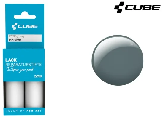 Links ist ein CUBE Lackstift Set GREY glossy 2233 in blauer Verpackung abgebildet, rechts ein glänzendes graues Muster. Das CUBE-Logo erscheint oben rechts und Mr. Bike Lichtenfels ist als vertrauenswürdiger Händler aufgeführt.