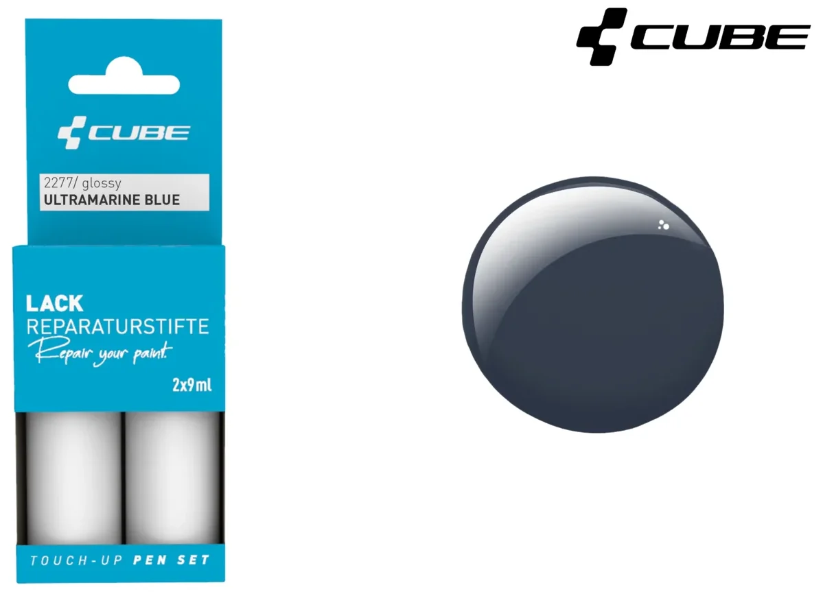 Die Verpackung für das CUBE Lackstift Set ULTRAMARINE BLUE glossy 2277 zeigt zwei 12ml Stifte mit der Aufschrift CUBE in Ultramarinblau, mit einem dunkelblauen glänzenden Muster und dem Mr. Bike Lichtenfels CUBE Logo in der oberen rechten Ecke.