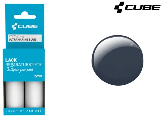 Die Verpackung für das CUBE Lackstift Set ULTRAMARINE BLUE glossy 2277 zeigt zwei 12ml Stifte mit der Aufschrift CUBE in Ultramarinblau, mit einem dunkelblauen glänzenden Muster und dem Mr. Bike Lichtenfels CUBE Logo in der oberen rechten Ecke.
