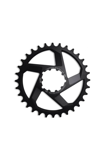 Ein schwarzes ACID Kettenblatt MTB PRO HPA aus Metall mit 32 gleichmäßig angeordneten Zähnen und fünf speichenähnlichen Aussparungen ist auf einem weißen Hintergrund abgebildet.
