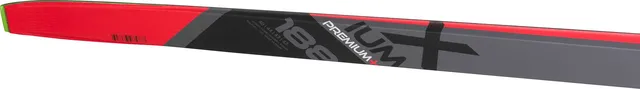 Eine Nahaufnahme des ROSSIGNOL X-IUM SKATING PREMIUM+S2-IFP Skis in rot und grau mit schwarzem "PREMIUM"-Schriftzug, Größe 186, eckiger Grafik und Barcode auf der Spitze - erhältlich bei Mr. Bike Lichtenfels., Ansicht 5