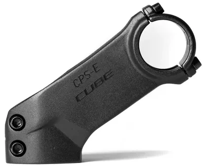 Ein schwarzer, gefräster CUBE Vorbau PERFORMANCE E-MTB Vorbau mit vier vorderen Schraubenlöchern für die Befestigung des Lenkers am Gabelschaft des Fahrrads, dargestellt auf einem schlichten weißen Hintergrund., Ansicht 4
