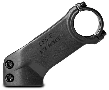 Ein schwarzer, gefräster CUBE Vorbau PERFORMANCE E-MTB Vorbau mit vier vorderen Schraubenlöchern für die Befestigung des Lenkers am Gabelschaft des Fahrrads, dargestellt auf einem schlichten weißen Hintergrund., Ansicht 3