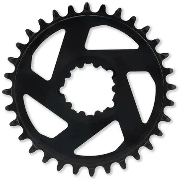 Ein schwarzes ACID Kettenblatt MTB PRO HPA aus Metall mit 32 gleichmäßig angeordneten Zähnen und fünf speichenähnlichen Aussparungen ist auf einem weißen Hintergrund abgebildet., Ansicht 3