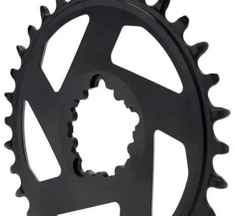 Ein schwarzes ACID Kettenblatt MTB PRO HPA aus Metall mit 32 gleichmäßig angeordneten Zähnen und fünf speichenähnlichen Aussparungen ist auf einem weißen Hintergrund abgebildet., Ansicht 4