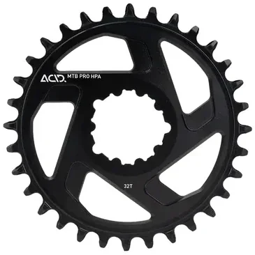 Ein schwarzes ACID Kettenblatt MTB PRO HPA aus Metall mit 32 gleichmäßig angeordneten Zähnen und fünf speichenähnlichen Aussparungen ist auf einem weißen Hintergrund abgebildet., Ansicht 2