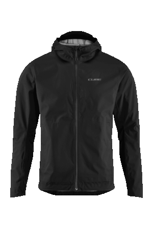 Die CUBE ATX Storm Jacket ist eine leichte schwarze Kapuzenjacke mit langen Ärmeln, Frontreißverschluss und „CUBE“ in Weiß auf der linken Brust – perfekt für Outdoor-Aktivitäten oder sportliche Fahrradtouren rund um Lichtenfels.