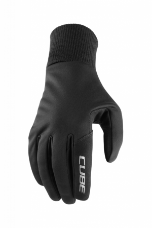Der CUBE Handschuhe Performance All Season Langfinger, ein schwarzer Langfingerhandschuh mit gerippter Stulpe und weißem "CUBE" auf dem Zeigefinger, ist auf einem schlichten weißen Untergrund abgebildet und bei Mr. Bike Lichtenfels erhältlich.