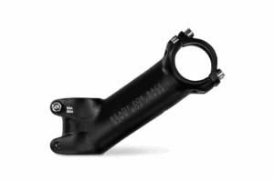 Ein schwarzer RFR Vorbau CMPT Fahrradvorbau mit der Aufschrift "READY FOR RACE" auf der Seite ist vor einem weißen Hintergrund abgebildet. Er hat sichtbare Befestigungsbolzen und ein schlankes, geschwungenes Design.