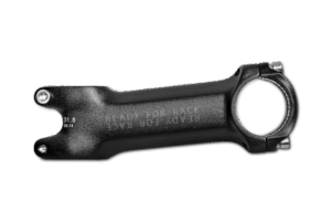 Ein schwarzer RFR Vorbau PRO Fahrradvorbau mit silbernen Schrauben und der Gravur "READY FOR RACE" auf der Oberseite, abgebildet auf einem schlichten weißen Hintergrund.