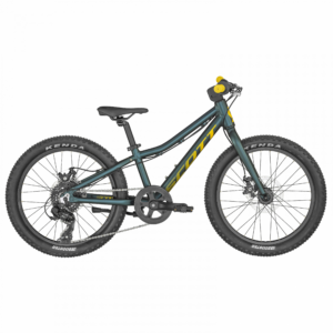 Das SCO Bike Scale 20 rigid (KH) ist ein dunkelgrünes Kinder-Mountainbike mit gelben Akzenten, Kenda-Reifen, schwarzem Sattel und geradem Lenker - Seitenansicht auf weißem Hintergrund. Erhältlich bei Mr. Bike Lichtenfels.